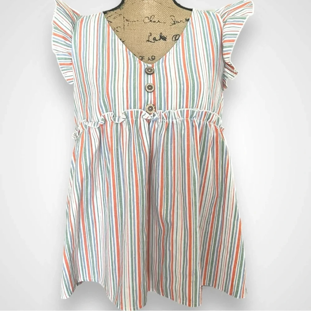 VINE & LOVE Women's‎ Striped V-neck Flutter Sleeve Babydoll Top Small | EUC